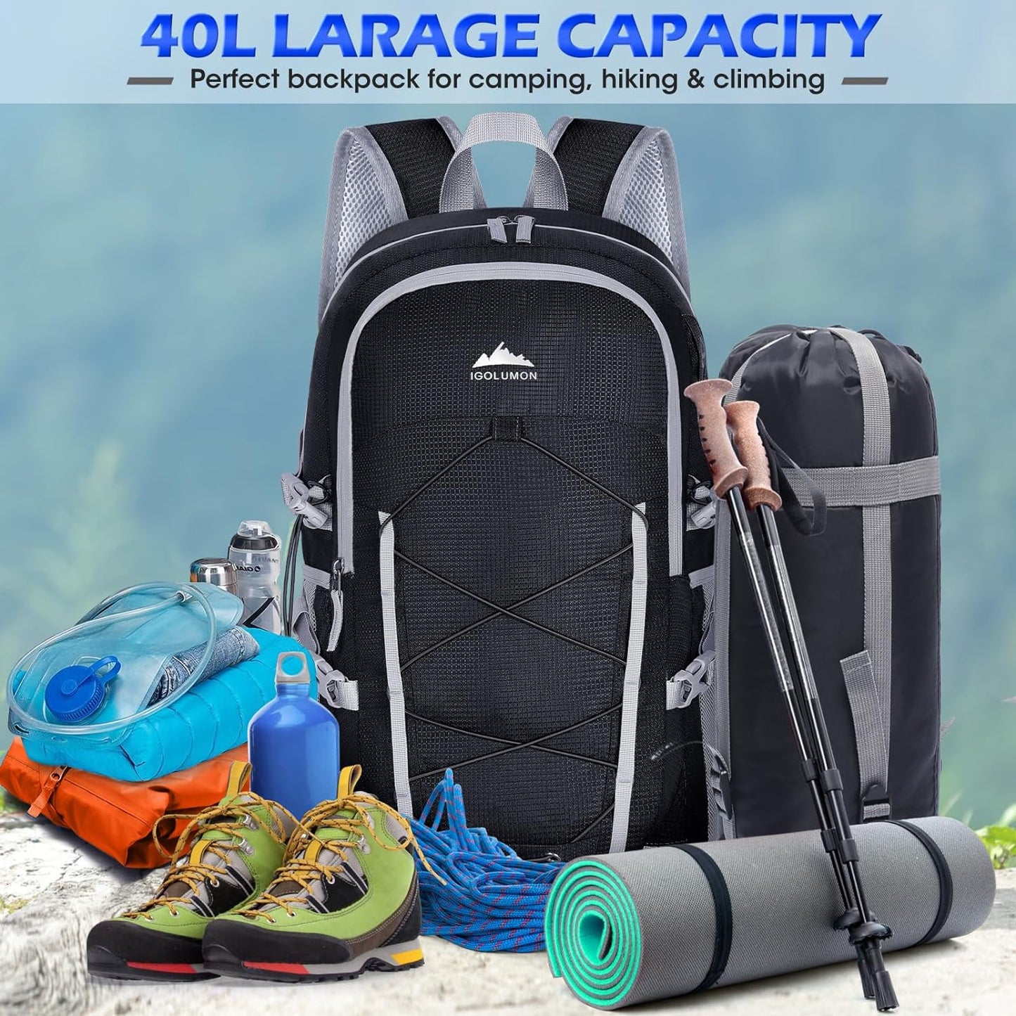 Hiking Backpack 40L Packable Hiking Daypack for Men Women Waterproof Lightweight Foldable Camping Backpack